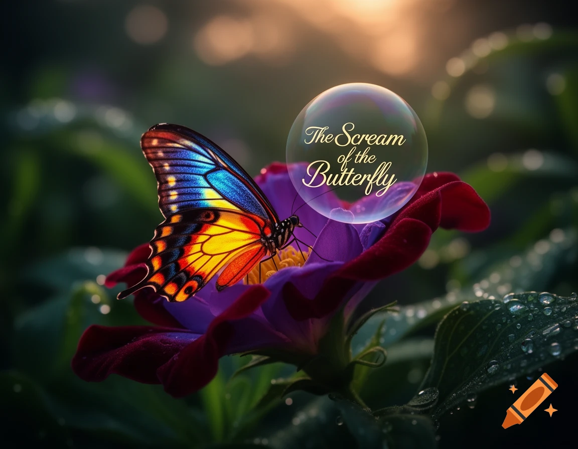 A vibrant butterfly with blue, yellow, and red wings rests on a purple and red flower covered in water droplets. A transparent bubble above the flower displays the text 'The Scream of the Butterfly' in a golden script.