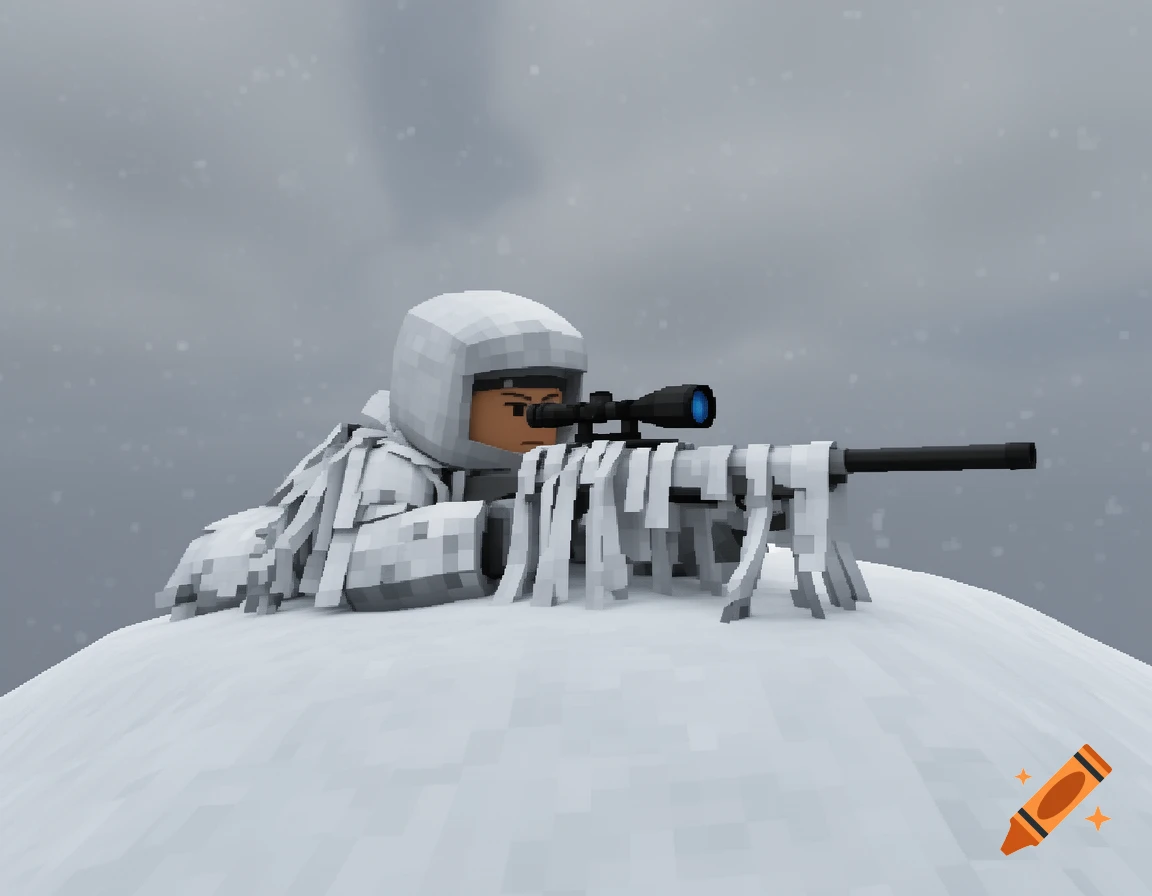A pixelated character in a white ghillie suit aims a sniper rifle from a snowy hill, resembling Roblox graphics.