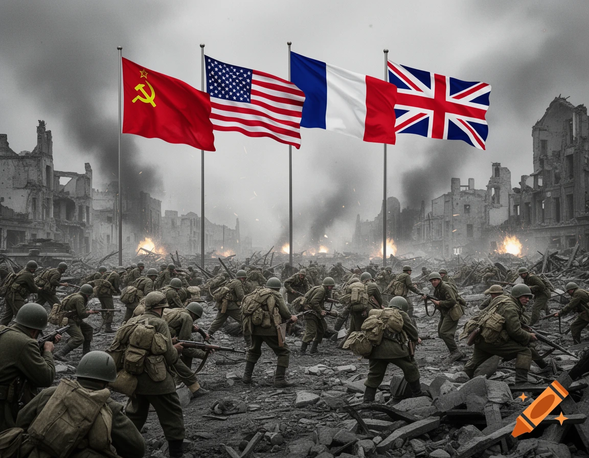 Photorealistic depiction of WWII soldiers from the Soviet Union, US, France, and UK advancing through a destroyed city, with their flags flying.