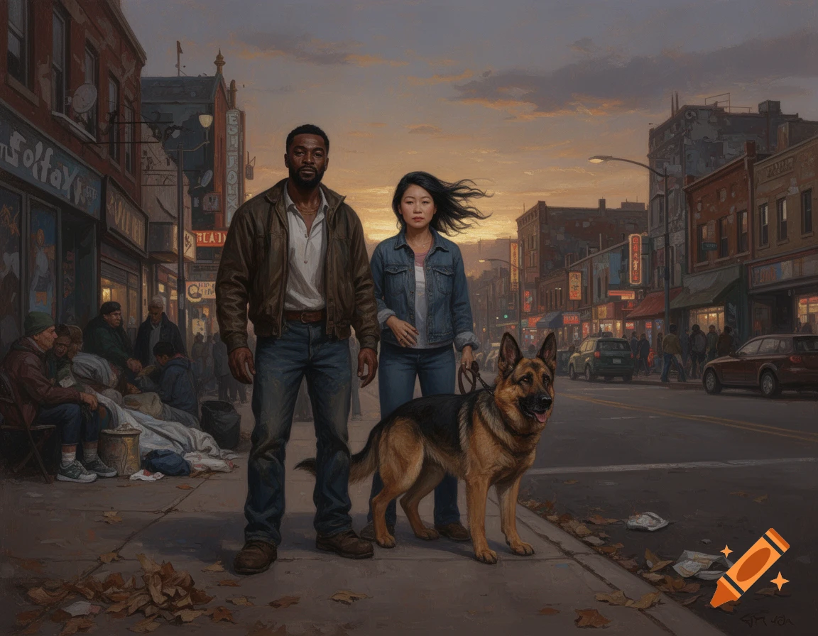 A painting of an African American man, an Asian woman, and a German Shepherd on a city street at dusk, with homeless people nearby.