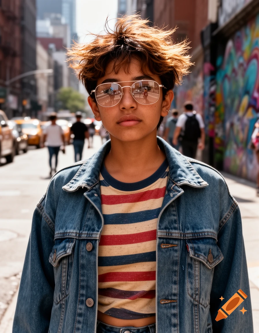 A young person with short, spiky hair and reflective sunglasses wears a denim jacket and striped shirt on a sunny city street.