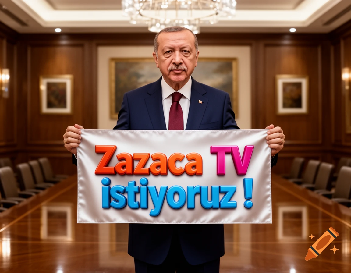 Recep Tayyip Erdoğan in a suit holds a banner reading 'Zazaca TV istiyoruz !' in a formal room.