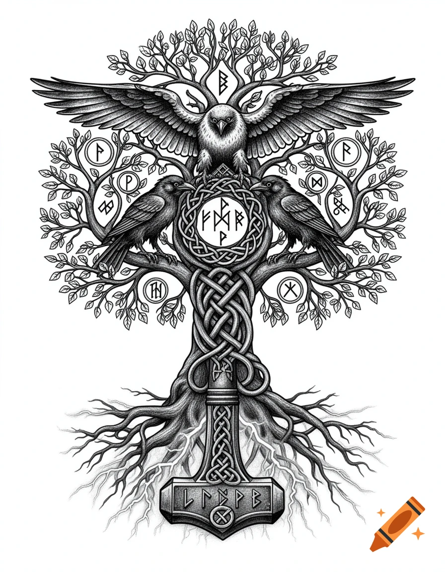 Detailed blackwork tattoo design of Yggdrasil with an eagle and two ravens, Viking knotwork, runes, and Mjolnir at the base, on a white background.
