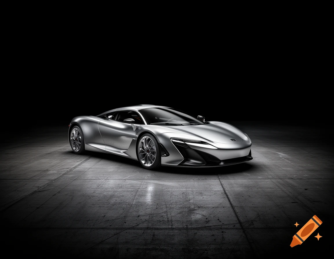 A sleek, silver sports car with modern design is parked on a dark, textured concrete floor in a studio with a black background.