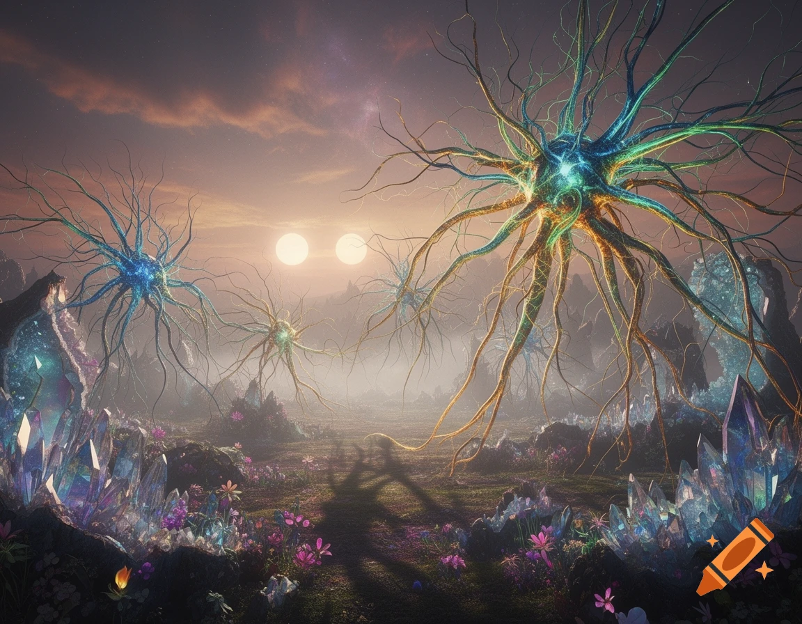 A surreal alien landscape with glowing neuron-like creatures, vibrant flowers, and large crystals under twin suns.