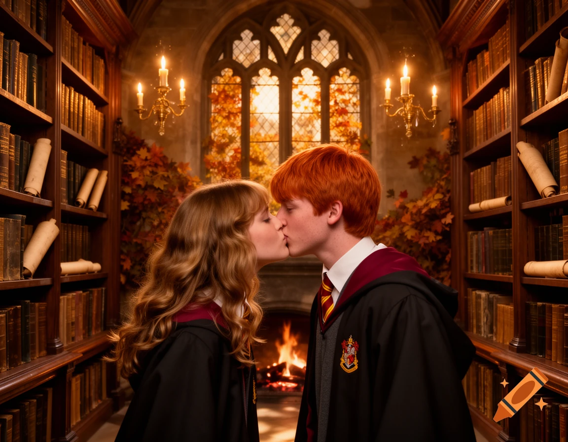Hermione Granger and Ron Weasley kiss in a warm, grand library with towering bookshelves, a glowing window, and a fireplace.