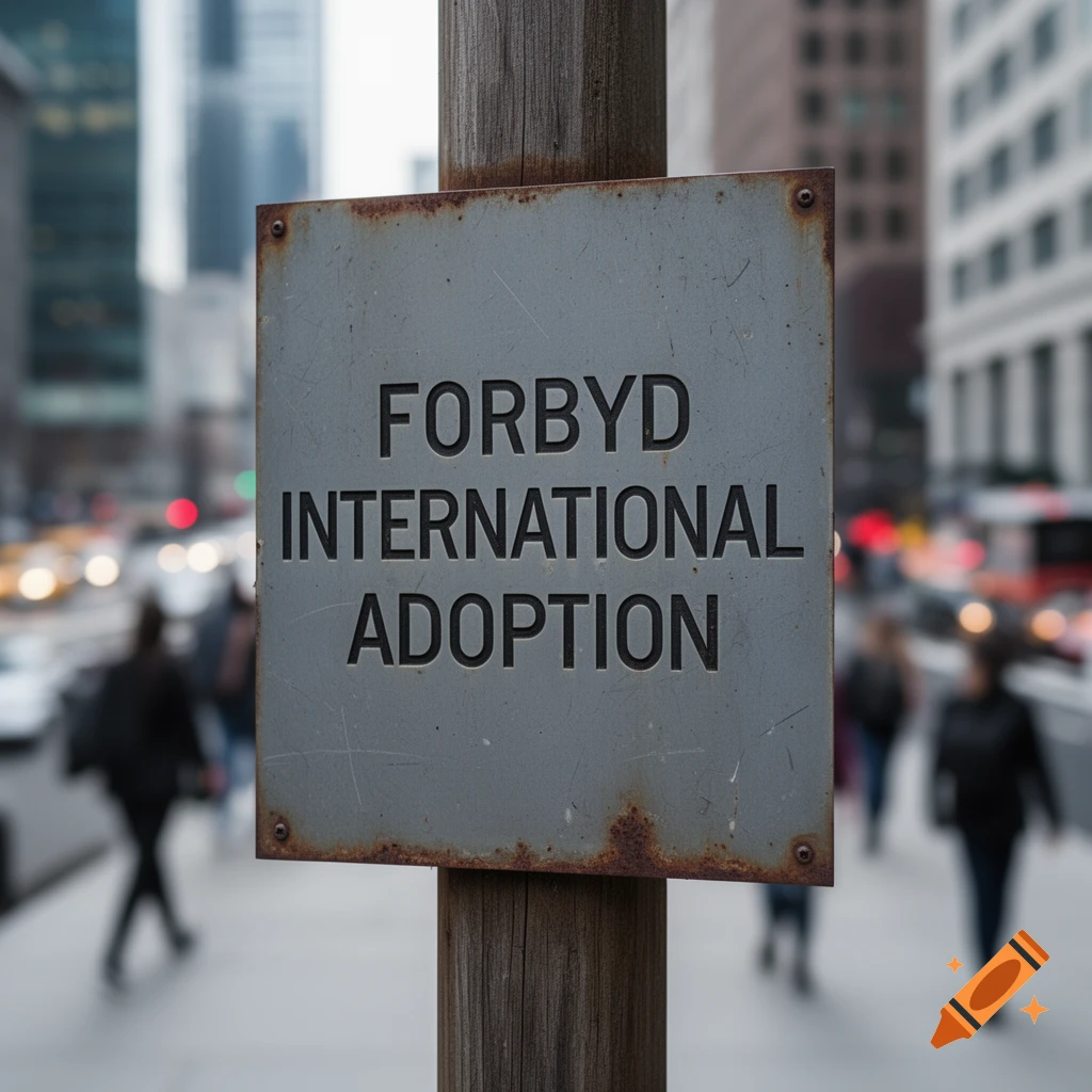 A close-up, photorealistic shot of a rustic metal sign on a wooden pole in a city, reading 'FORBYD INTERNATIONAL ADOPTION'. Blurred pedestrians and buildings are in the background.