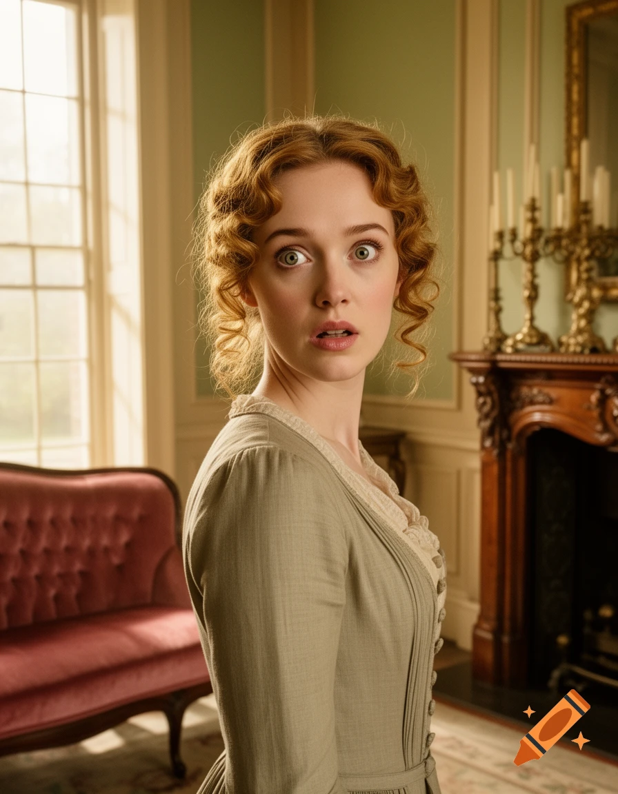 A woman with red curly hair in a period dress looks surprised in a well-furnished room.