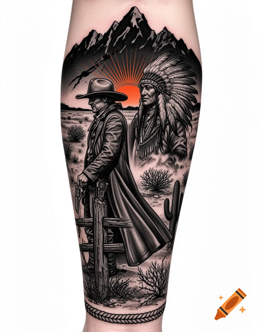 Black and grey realism tattoo of a cowboy and a Native American warrior in a desert landscape with mountains and a sunset.