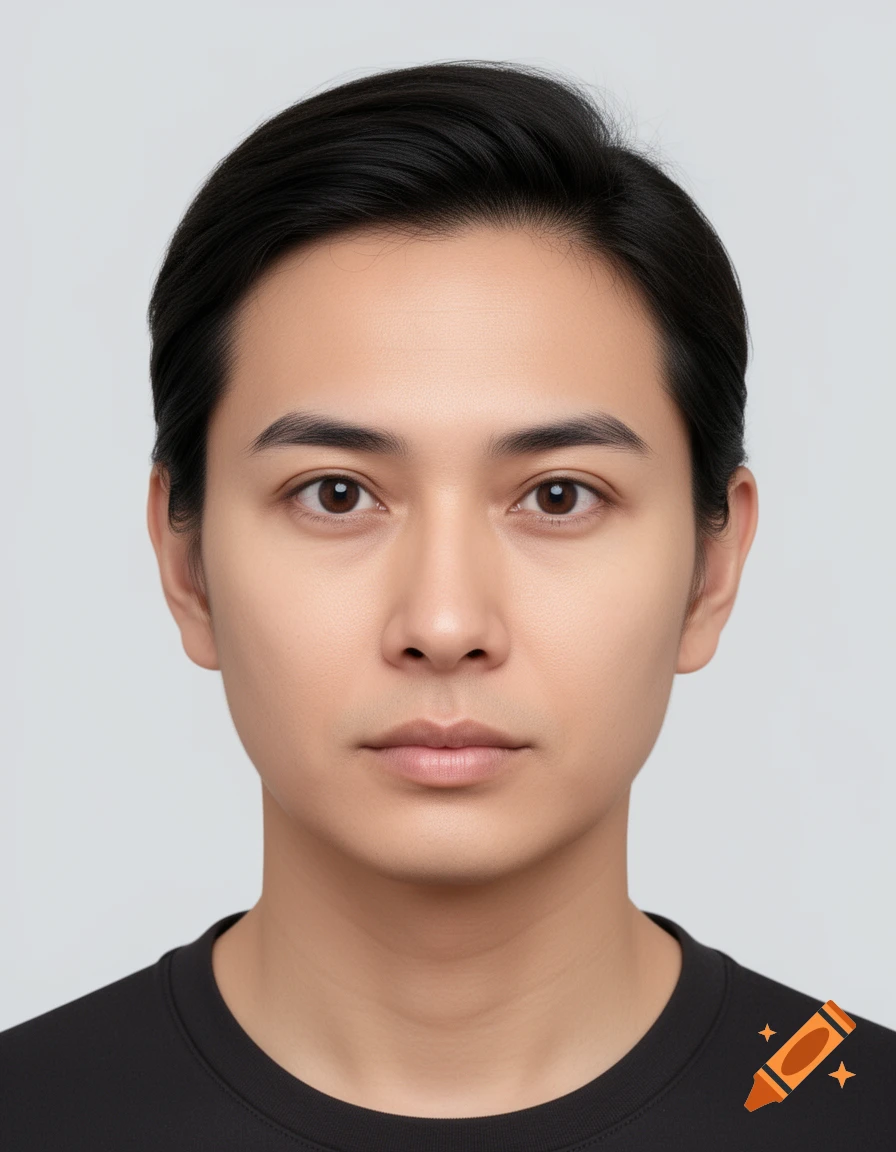 A photorealistic headshot of a person with dark hair, dark eyes, and a neutral expression, against a plain light background.