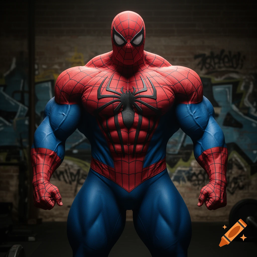 A massively muscular Spider-Man in a red and blue suit stands in a gym against a graffiti-covered brick wall. Photorealistic.