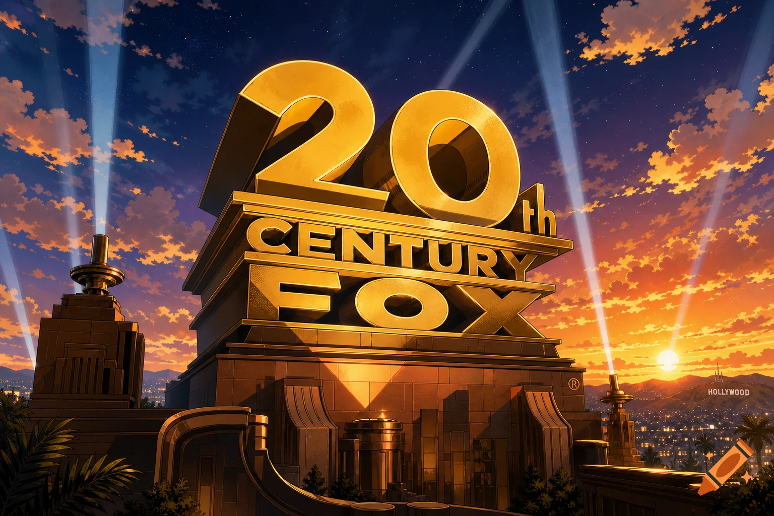 The golden 20th Century Fox logo overlooks a city skyline with the Hollywood sign at sunset.