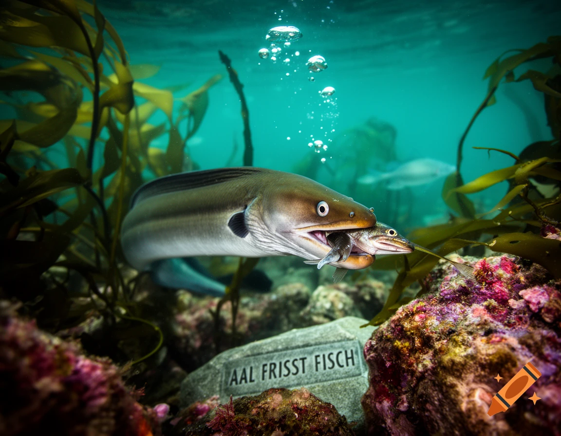 An eel devouring a smaller fish underwater, surrounded by seaweed and rocks. A stone says 'AAL FRISST FISCH'.