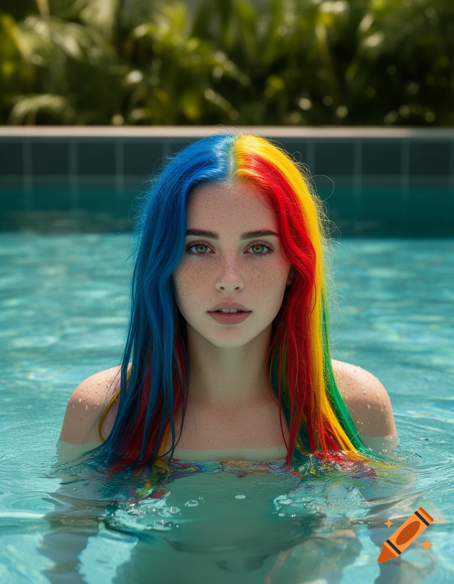 Photorealistic portrait of a woman with vibrant blue, yellow, red, and green hair in a swimming pool.