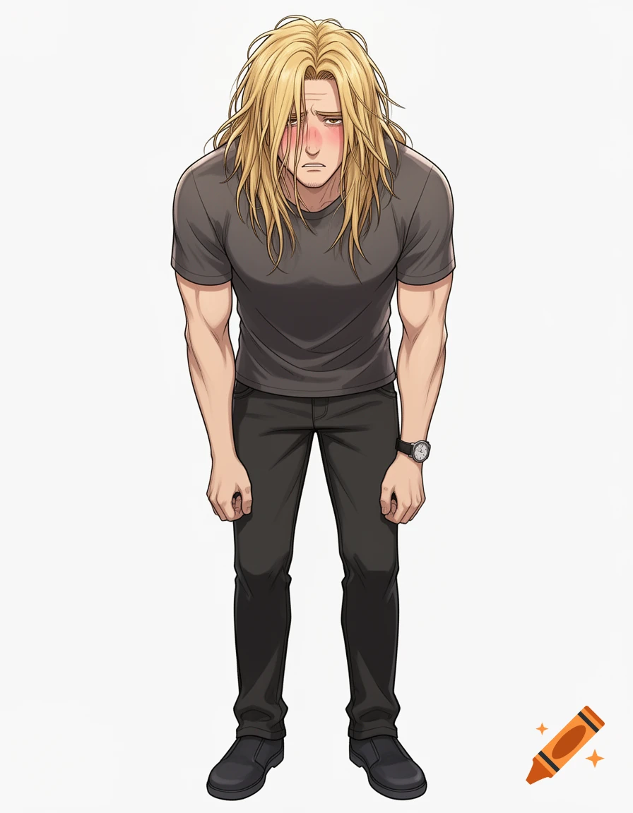 A full-body anime illustration of a blond man with unkempt long hair, flushed cheeks, and an anxious, hunched posture, wearing a gray t-shirt and dark pants.