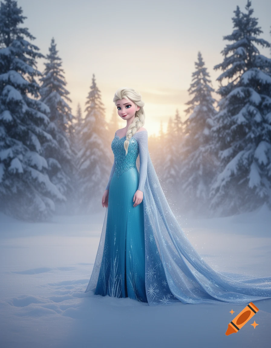 Animated Elsa in a shimmering blue gown and cape stands in a snowy forest with pine trees and a soft sunset.