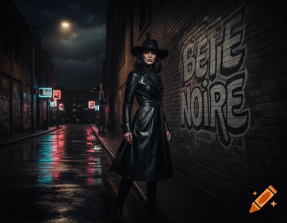 A woman in a black leather trench coat and hat stands in a dark, wet urban alley with neon reflections and "BETE NOIRE" graffiti on a brick wall.