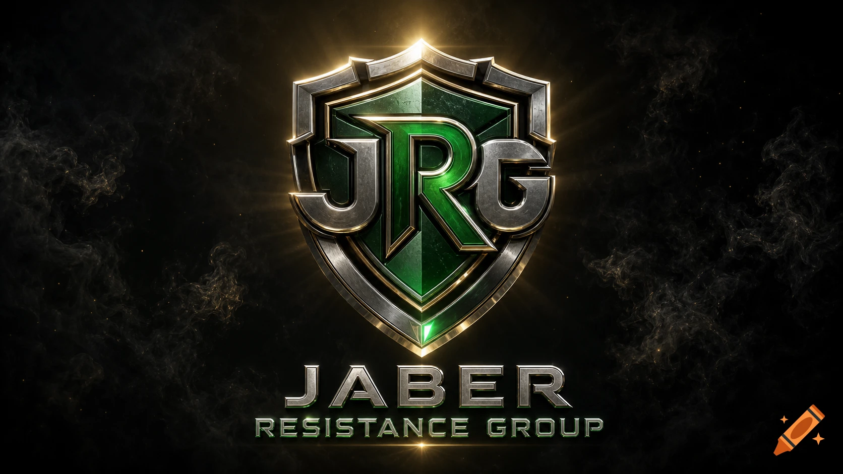 A cinematic metallic shield emblem with JRG in emerald green, above 'JABER RESISTANCE GROUP' text, on a dark, smoky background.