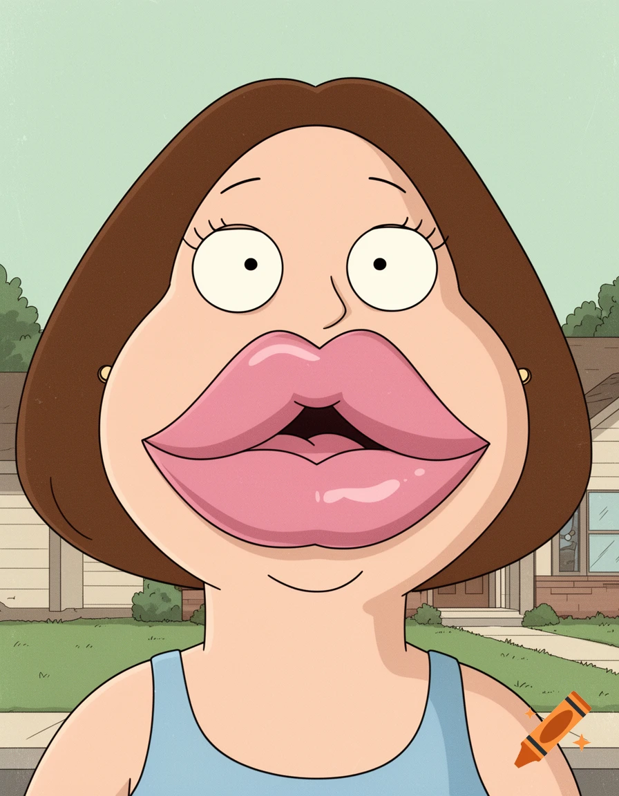 A cartoon woman in Family Guy style with massive, cartoonishly large pink lips that cover most of her face, standing outside a house.