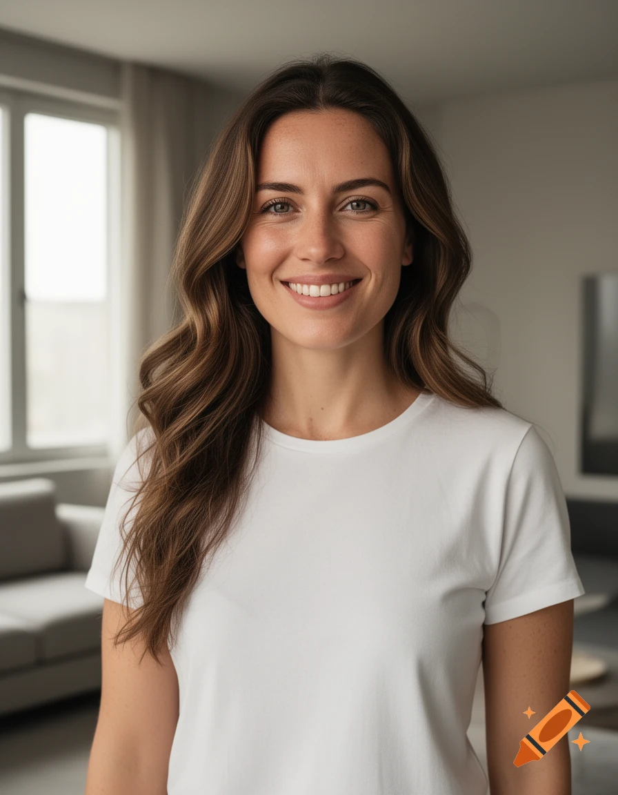 Photorealistic portrait of a smiling woman with long brown wavy hair in a white t-shirt, in a modern living room.