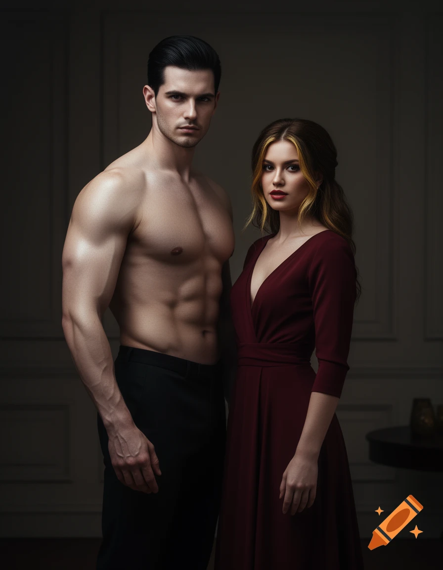 A serious, elegant man with a bare, muscular chest stands next to a woman in a dark red dress, both in a dimly lit, somber setting.