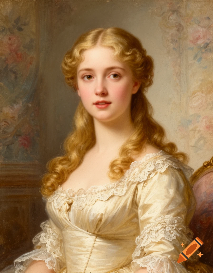 Oil portrait of a blonde Regency lady in a cream lace gown, looking directly at the viewer.