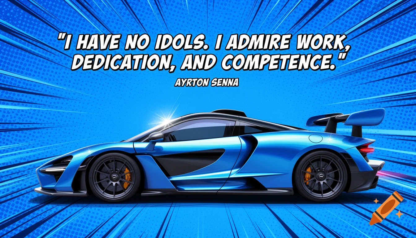 A vibrant blue McLaren Senna sports car shown in profile against a comic book-style blue background with a quote by Ayrton Senna.