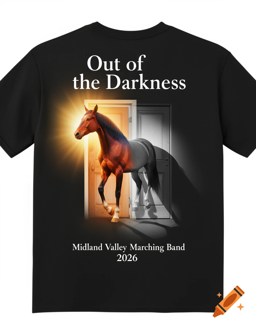 A black t-shirt with a design of a horse walking through a door, colored on the left with light and black-and-white on the right. Text above reads "Out of the Darkness" and below "Midland Valley Marching Band 2026".