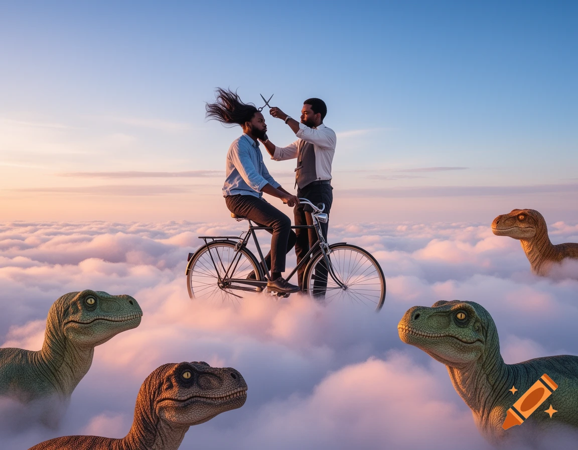 Two men, one on a bike getting a haircut from the other, float above clouds with dinosaur heads emerging. Sunset sky.