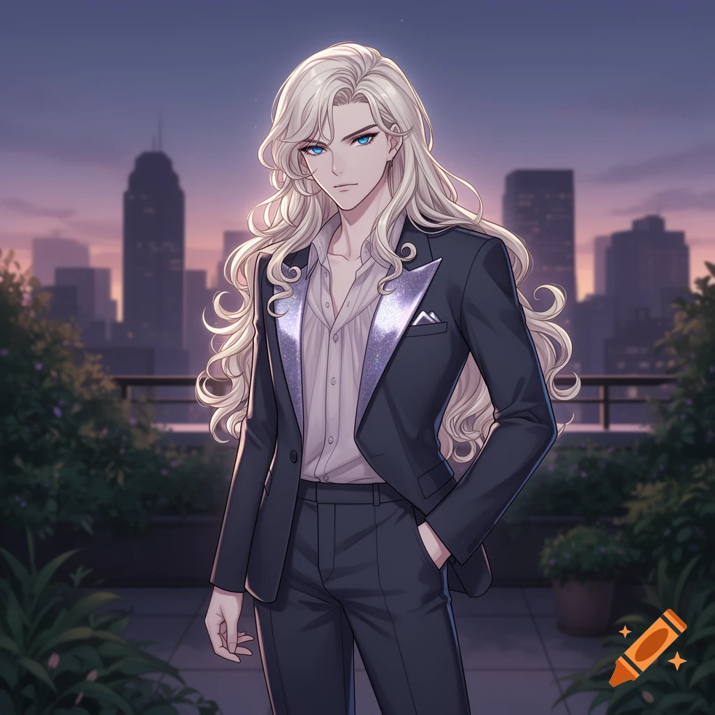 Anime character with long blonde hair and blue eyes in a suit on a city rooftop at dusk.