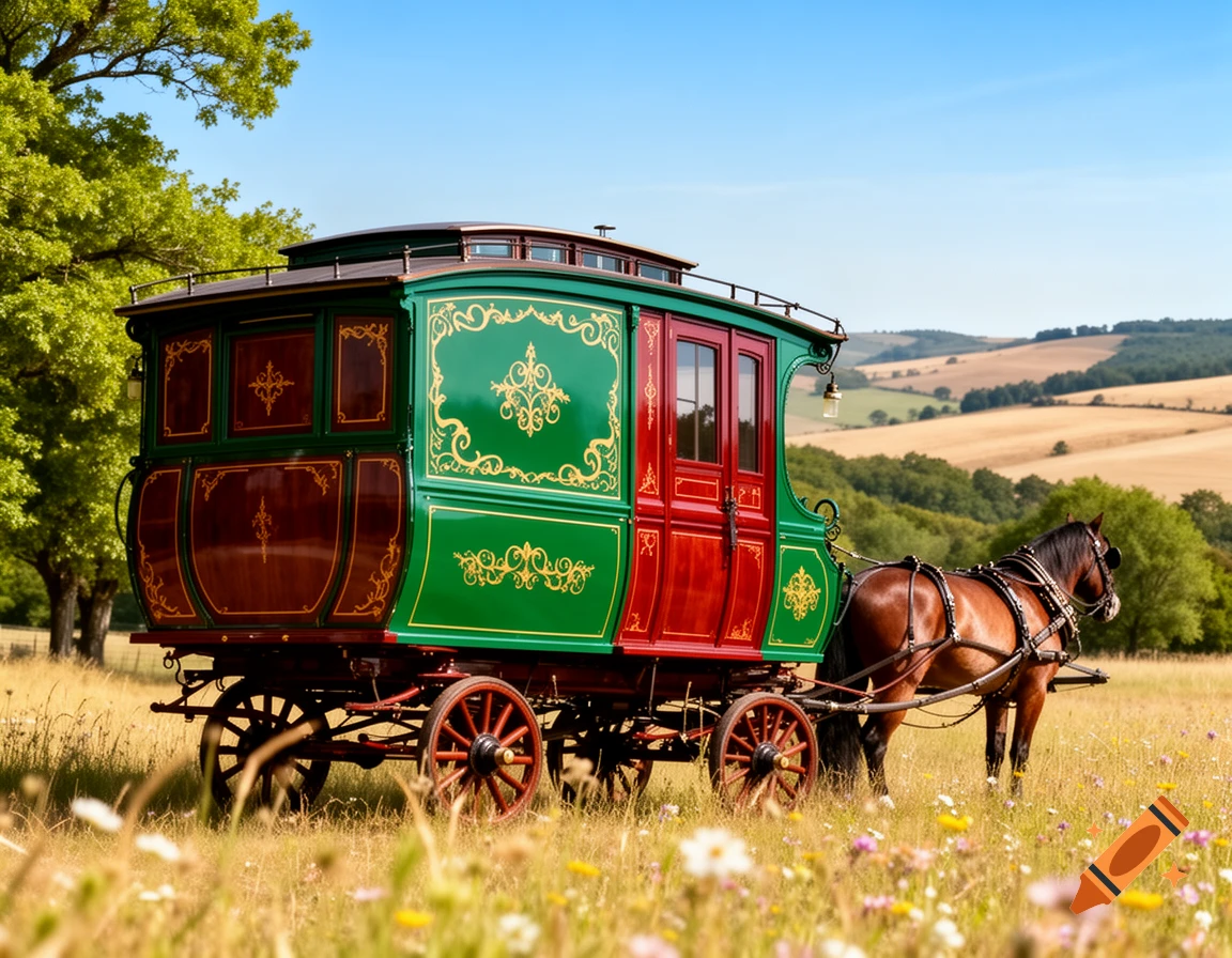 A brown horse pulls an ornate green and red traditional wagon through a sunlit field of wildflowers with rolling hills in the background.