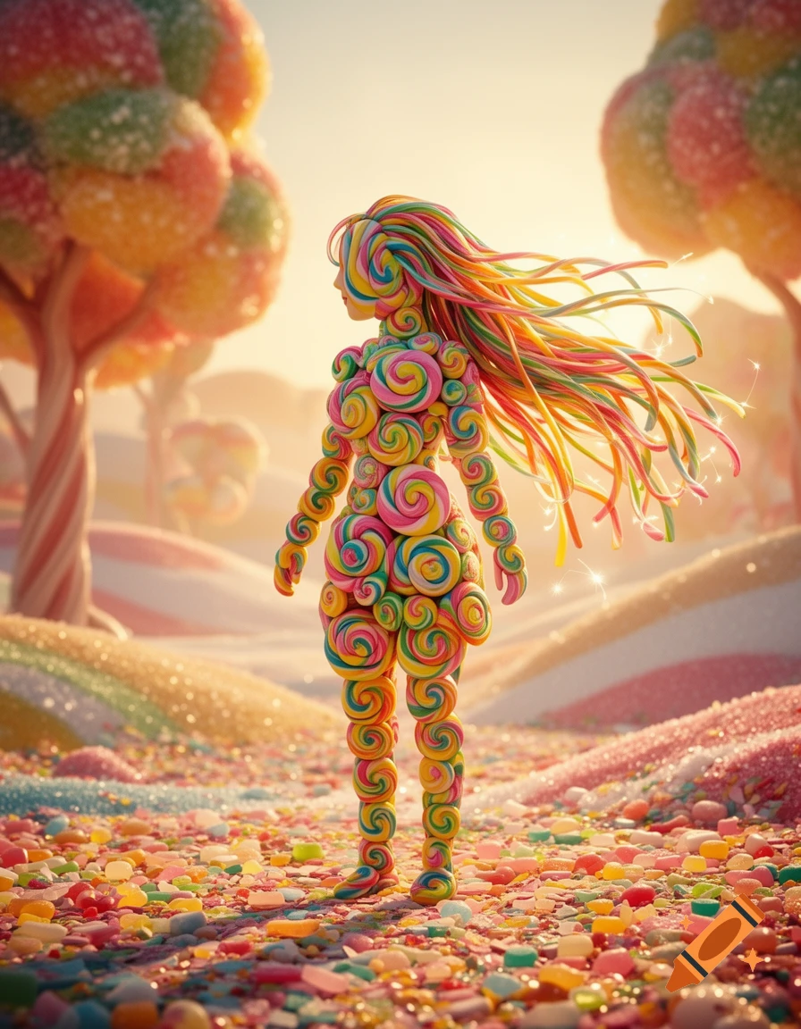 A whimsical figure made of colorful lollipops stands in a vibrant candy landscape under a bright sky, surrounded by candy trees and scattered sweets.