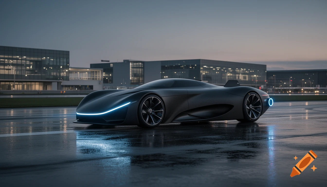 A photorealistic dark matte carbon fiber supercar with glowing blue LEDs parked on a wet tarmac runway at dusk, with modern buildings in the background.