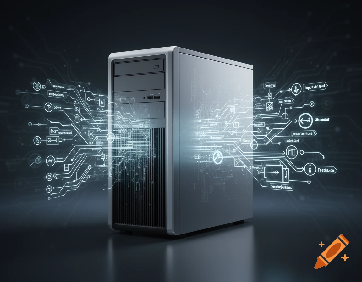 A sleek silver computer tower with glowing blue circuit lines and data flow diagrams emanating from it, on a dark background.