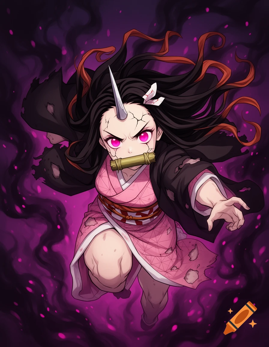 Anime art of Demon Nezuko with a horn, cracked skin, glowing pink eyes, and a bamboo muzzle, in a torn kimono against a purple aura.