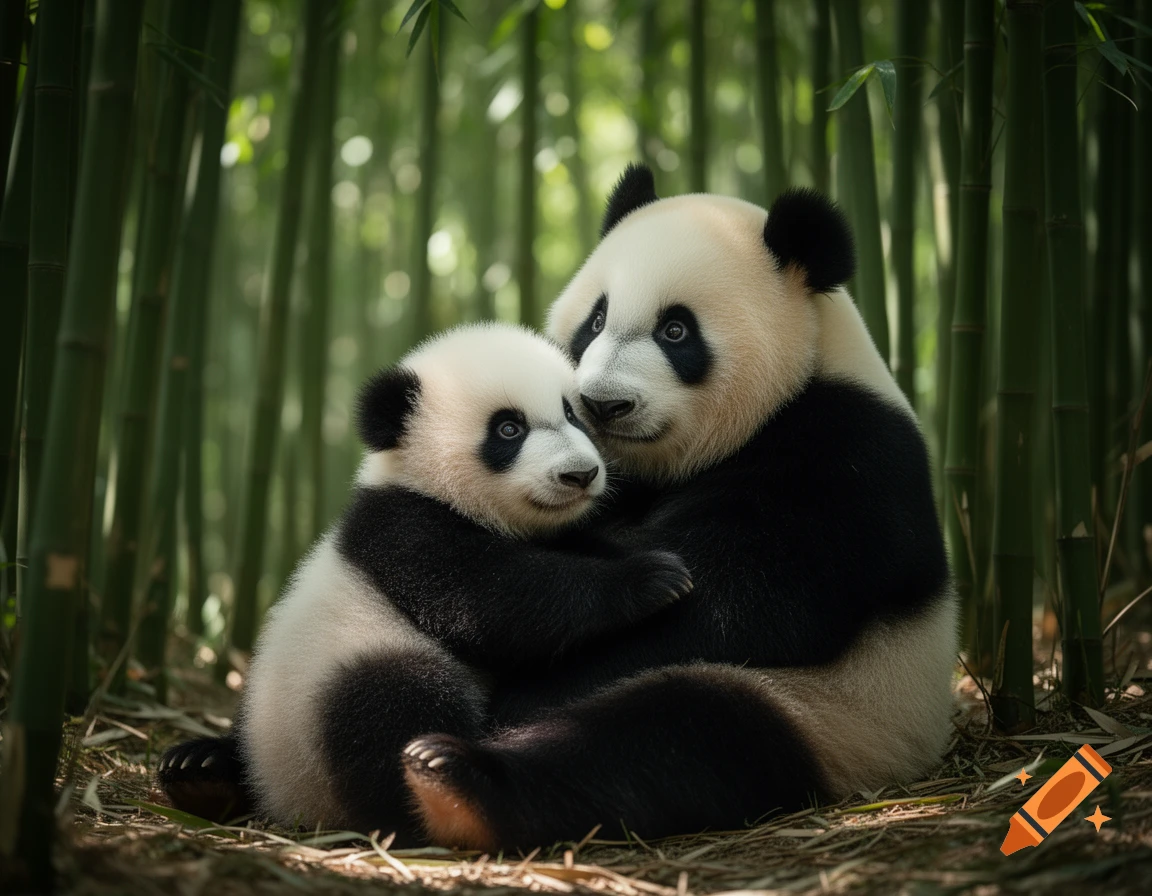 A photorealistic image of a large panda hugging a baby panda in a lush bamboo forest.