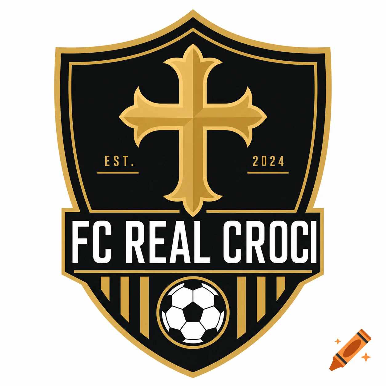 Gold and black shield-shaped football club crest with a large cross, 'EST. 2024', 'FC REAL CROCI' text, and a soccer ball.