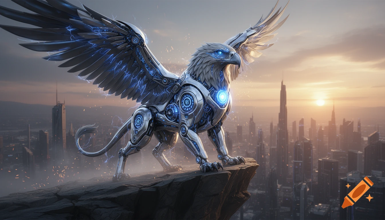 Photorealistic AI robot griffin with glowing blue energy stands on a cliff overlooking a futuristic city at sunset.