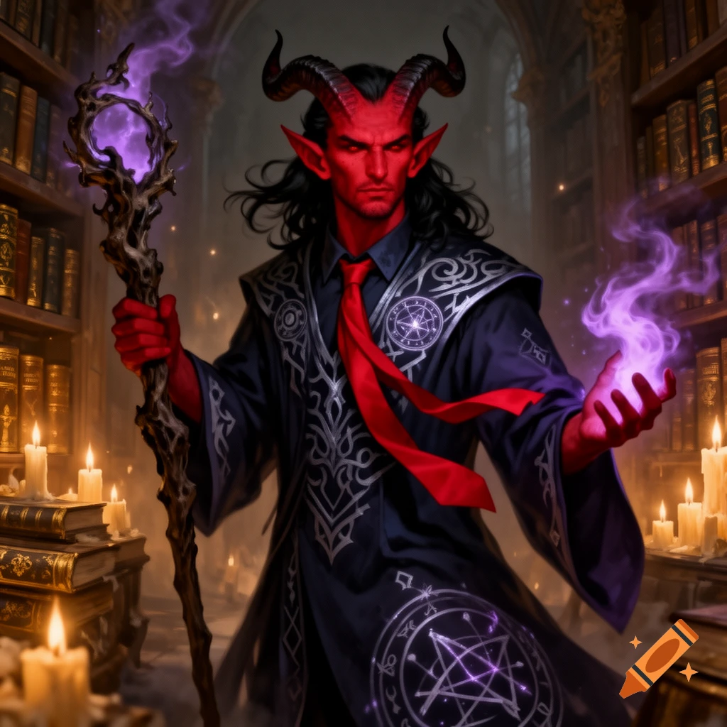 A red-skinned, horned warlock with long black hair, wearing a black robe and red tie, holds a glowing purple staff and an orb of magic in a dimly lit library.