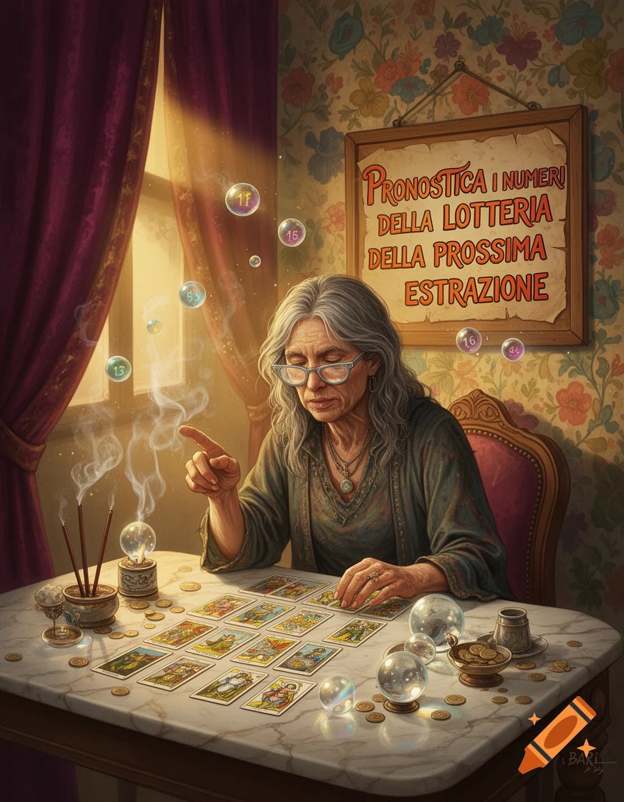 An old woman with grey hair and glasses sits at a marble table, pointing her finger over tarot cards and crystal balls. Bubbles with numbers float around her, and a sign on the wall reads 'Predict the lottery numbers for the next draw'.