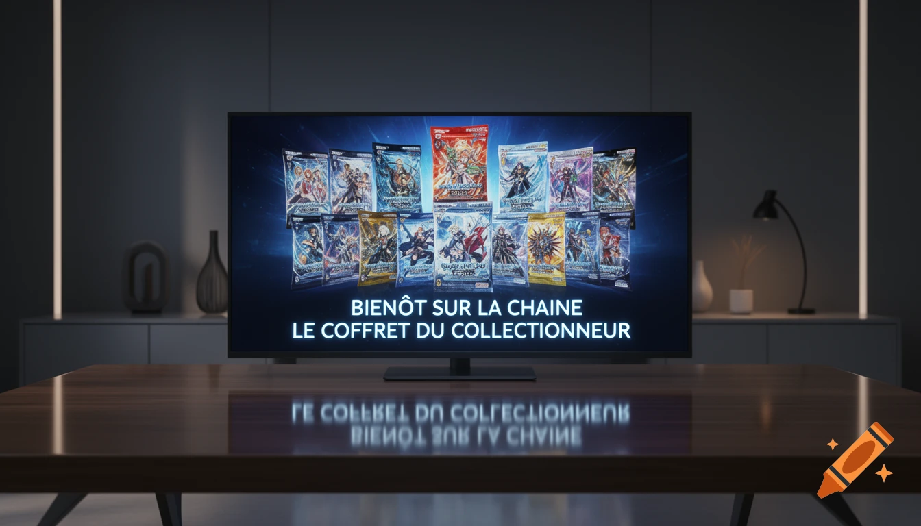 A TV screen in a dimly lit modern room displays an advertisement for collectible trading card booster packs, with French text below them.