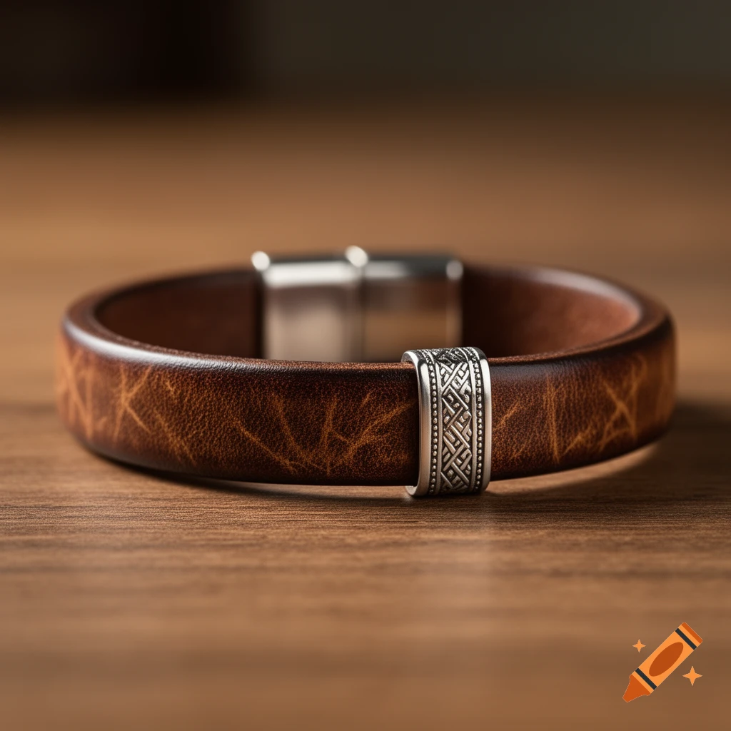A brown leather bracelet with a silver decorative clasp and patterned metal ring on a wooden surface, photorealistic style.