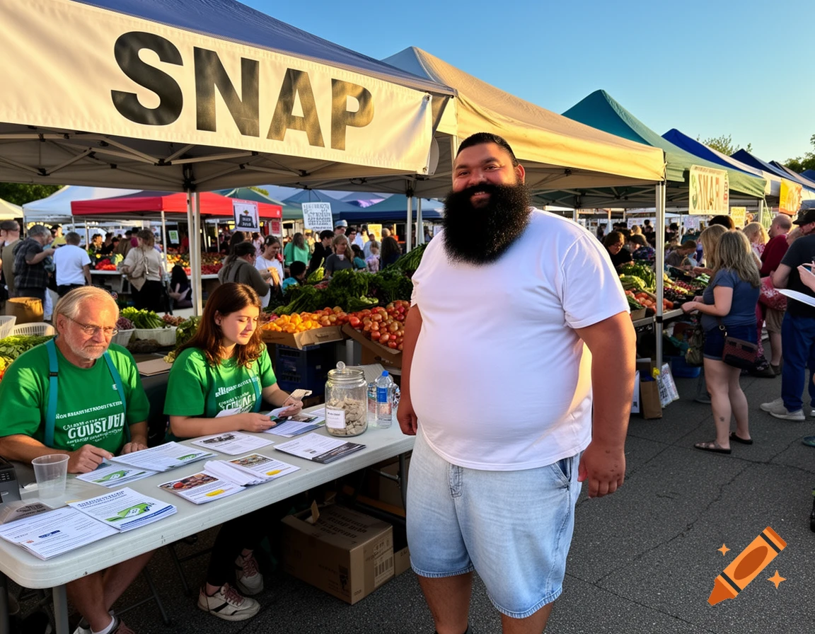 A smiling man with a large black beard stands in front of a farmer's market booth with a "SNAP" sign. Two volunteers sit behind a table laden with papers and a jar.