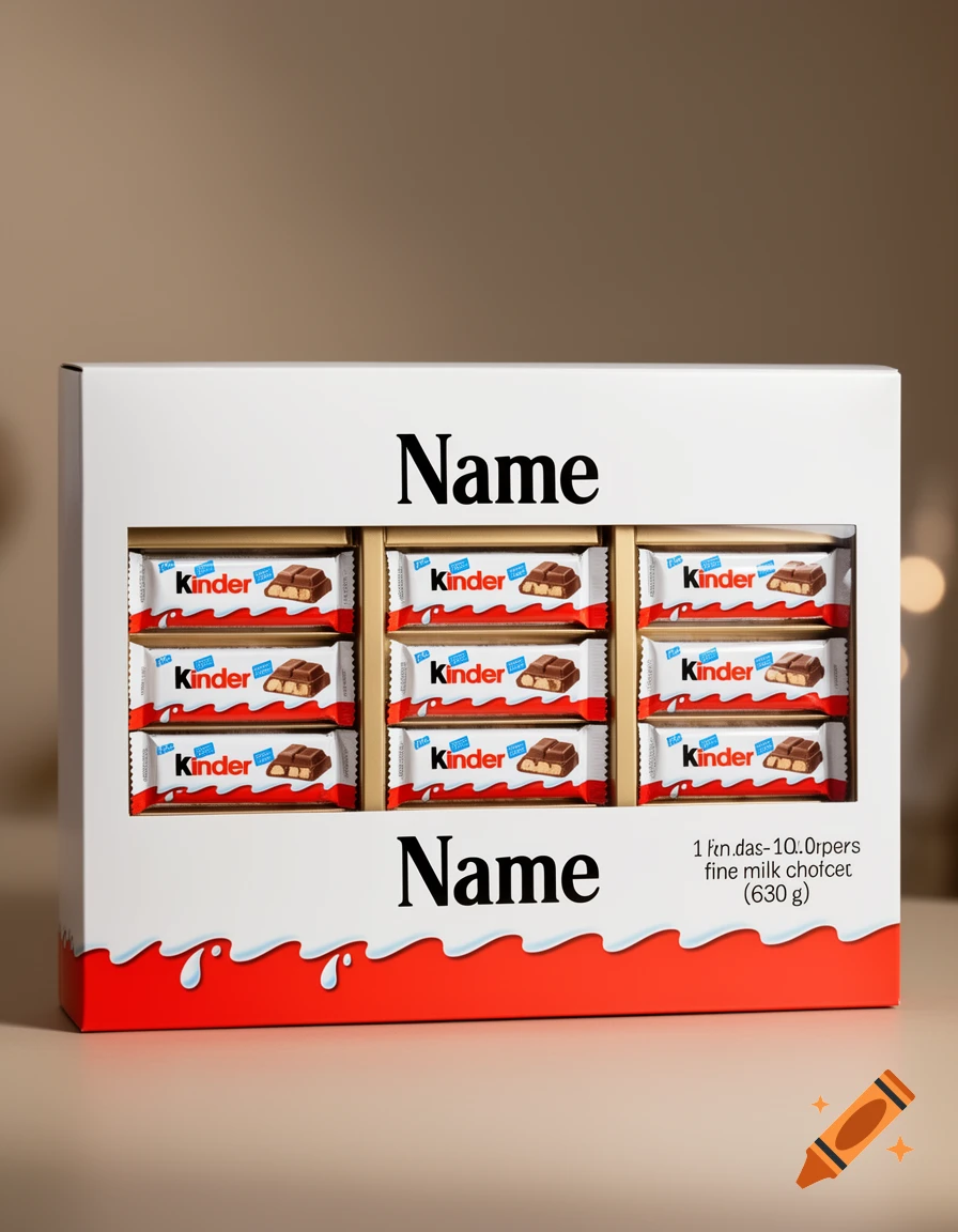 A personalized white gift box filled with nine Kinder chocolate bars, featuring "Name" text and a red and white milk design.