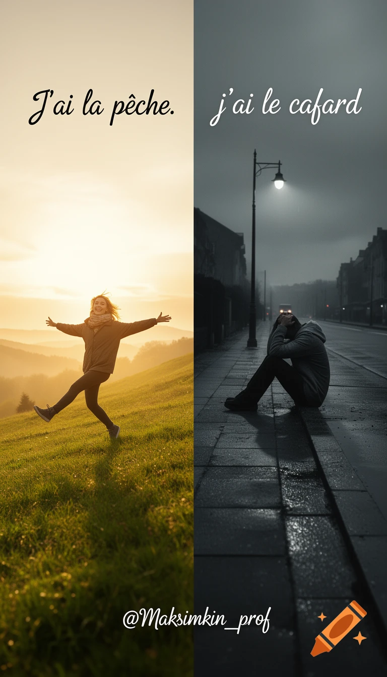 Vertical split image: happy person jumping in a sunny field, sad person on a dark city street. Text: "J'ai la pêche", "j'ai le cafard".
