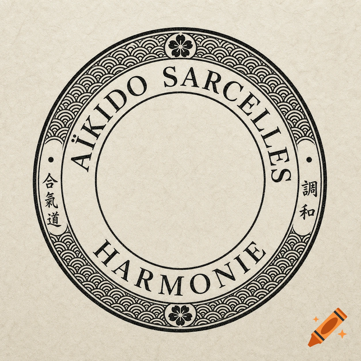 A black circular emblem with a wave pattern and cherry blossoms on a textured beige background. It reads 'AÏKIDO SARCELLES HARMONIE' and Japanese characters.