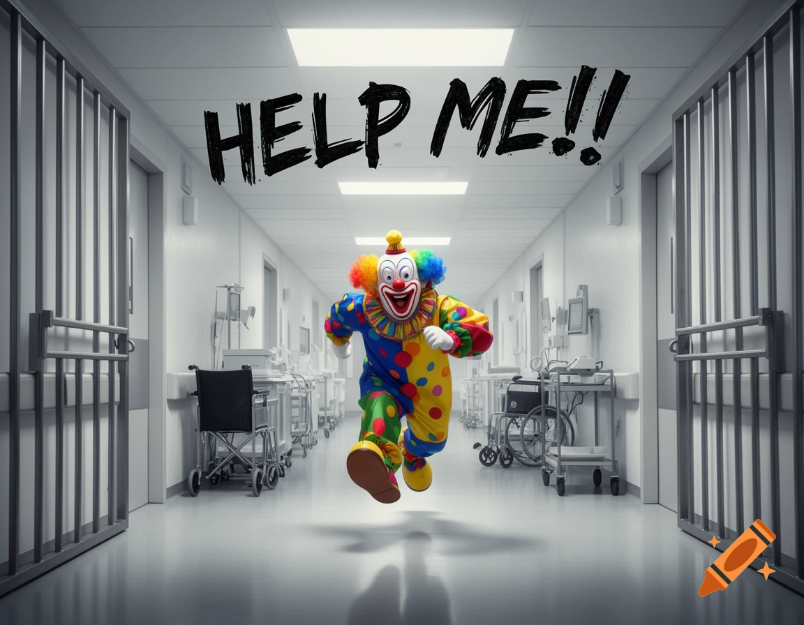 A colorful clown runs through a grayscale hospital hallway with cell bars, with the text 'HELP ME!!' floating above.