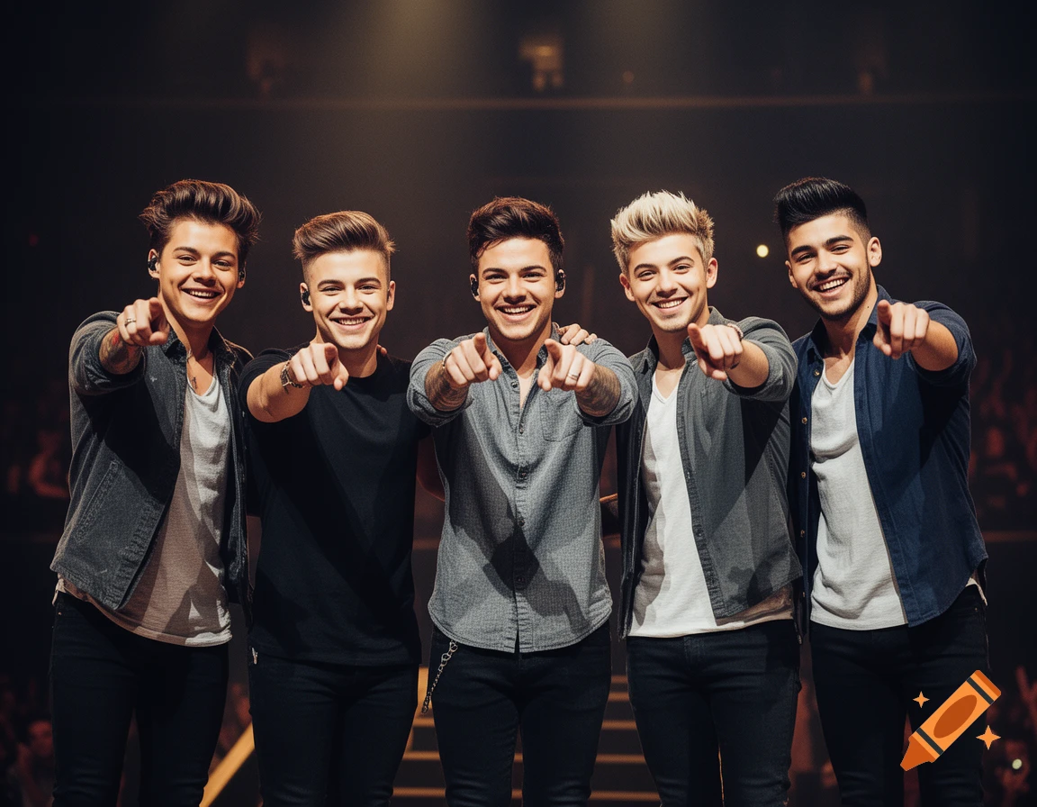Five young men on stage, smiling and pointing at the camera, under stage lighting.