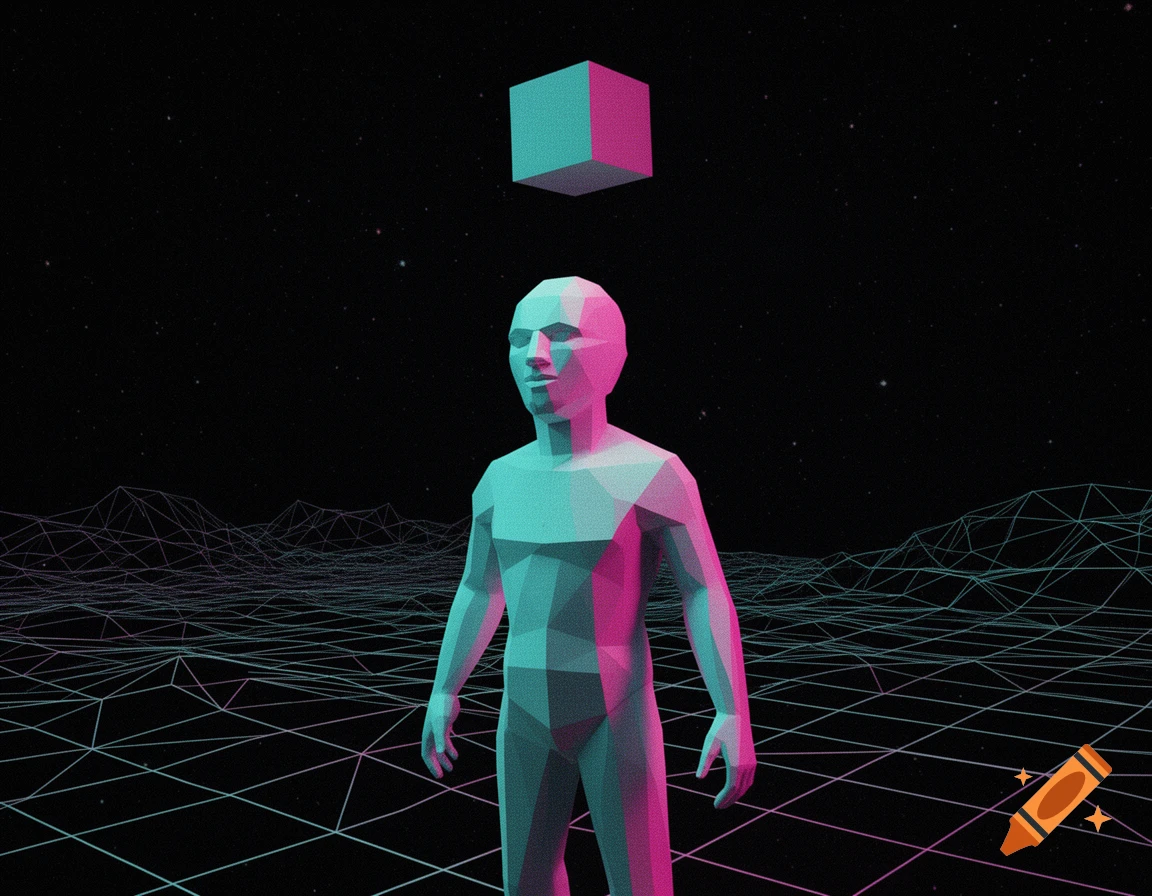 A low-poly human figure in a neon pink and blue wireframe digital landscape under a starry sky, with a floating cube above, in an early 3D CGI style.