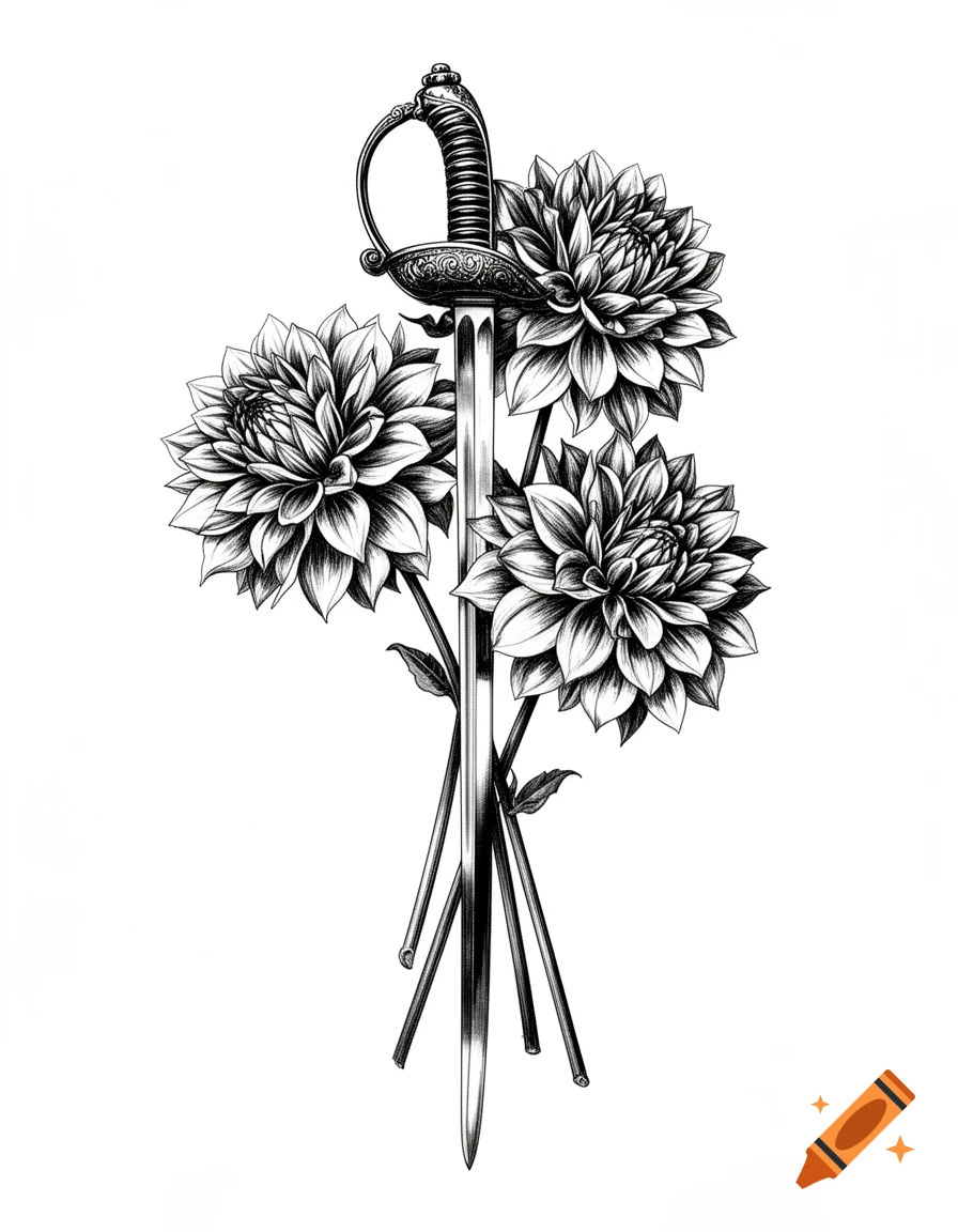 Black and white illustration of three dahlia flowers pierced by a French hussard sabre.